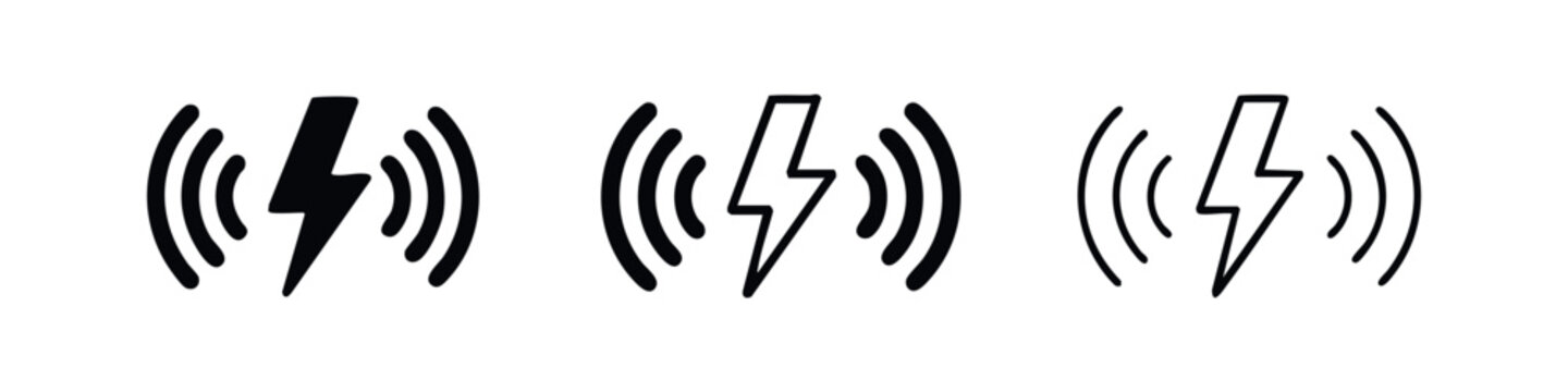 Wireless Charging and Inductive Power Icons - Lightning Bolt with Radio Wave Symbols for Cordless Energy