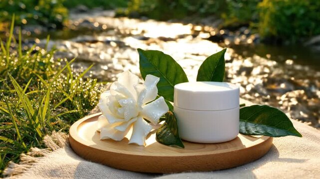 A pristine white cosmetic jar, a delicate white flower, and verdant green leaves are artfully arranged on a wooden tray. Set amidst lush, dewy grass beside a sun-dappled stream, the scene glows with g