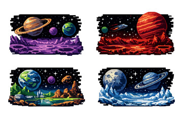 A collection of four pixel art space landscapes featuring various © Andrei