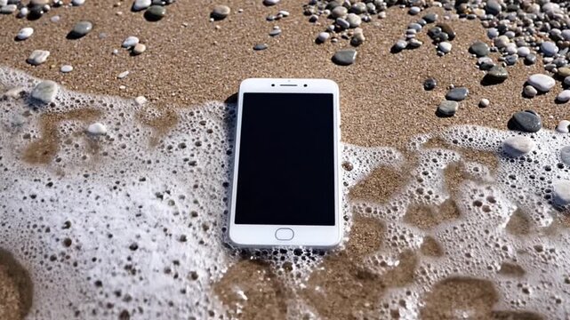 A pristine white smartphone rests partially submerged in the gentle ebb and flow of ocean waves on a sun-kissed pebbled beach. Foamy white surf washes over the device, creating a dynamic contrast betw