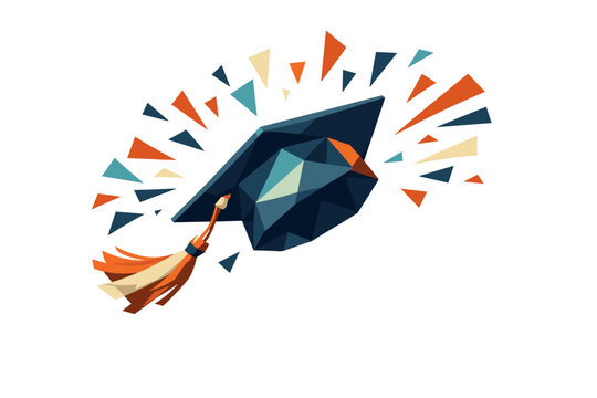 Low-poly vector illustration focused on graduation cap toss during the energetic throw, faceted mortarboard soaring upward with