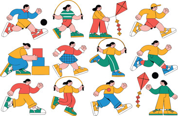 Fototapeta premium A collection of colorful flat vector illustrations featuring diverse children playing outdoors Vector