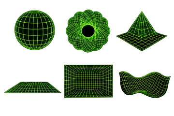 A collection of six neon green wireframe 3D geometric shapes isolated