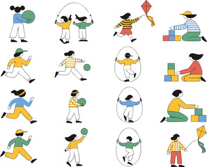 Fototapeta premium Collection of diverse children engaging in various active outdoor play and creative indoor activities Vector