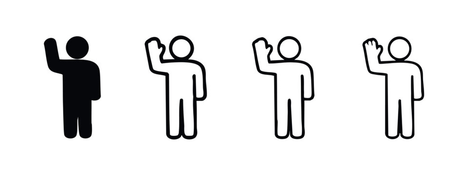 Human raising hand icon set. Asking question, voting, volunteering, greeting gesture symbol. Vector illustration for UI design.