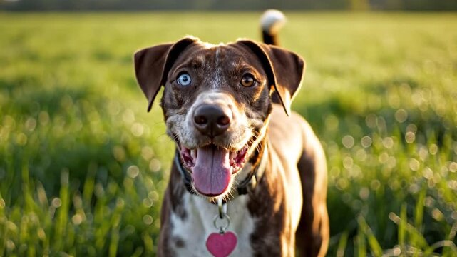 Happy and friendly mixed-breed dog with striking heterochromia eyes panting joyfully in a sunny green grassy field.