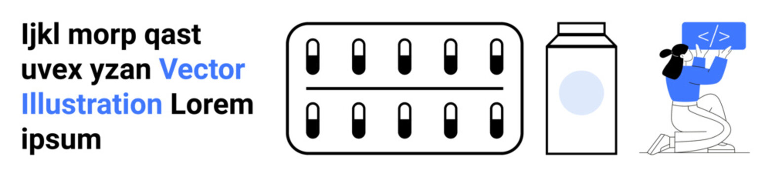 Healthcare, coding, medication design, pharmaceuticals, online services, technology. Includes pill blister pack, medicine bottle developer holding code. Pharmaceuticals and coding technology