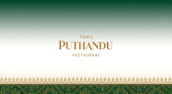 Tamil puthandu vazthukkal greeting card luxury green gold silk sari border pattern traditional ethnic floral ornament background