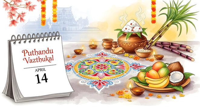 April 14 calendar tamil new year puthandu vazthukal greeting card kolam fruit offering sugarcane lamp traditional festival
