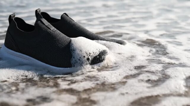 A serene close-up captures a pair of modern, dark grey athletic slip-on shoes with striking white soles, resting peacefully on a sun-kissed sandy beach. Gentle, foamy ocean waves softly wash over the 