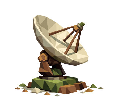 Low-poly vector illustration of a satellite dish stabilized after rotation, angular parabolic dish locked in an upward-facing