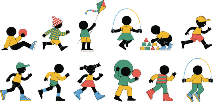A collection of stylized stick figures representing children engaged in various active outdoor games Vector