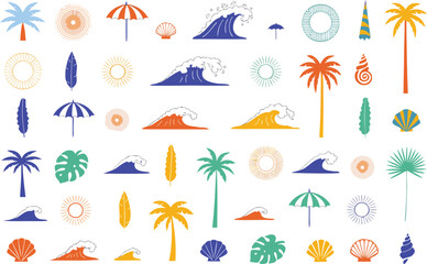 Fototapeta premium Collection of colorful tropical summer icons featuring palm trees waves suns and beach elements Vector
