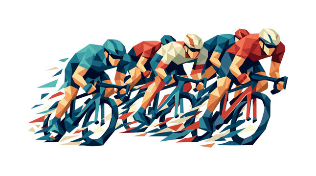 Dynamic Peloton Surge. Low-poly vector illustration of a peloton surging forward at high speed, faceted triangular cyclist figures