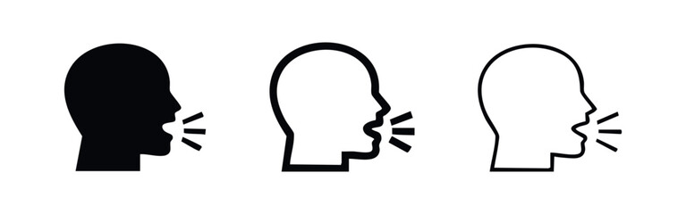 Fototapeta na wymiar Speaking head icon set. Communication, shouting, and announcement symbol in black silhouette, bold outline, and thin line styles.