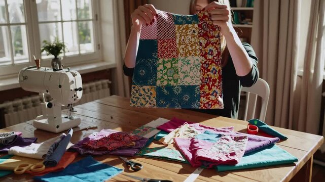 Person Creating Vibrant Quilt. Craft Enthusiast Working Diligently On Patchwork In Bright Kitchen. Individual Peacefully Engaged In Quilting Project Amidst Vintage Sewing Tools And Supplies