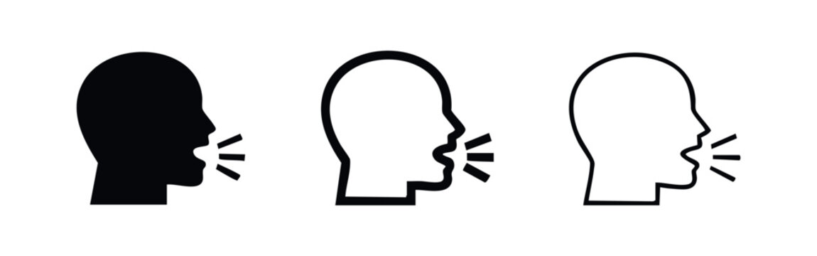Speaking head icon set. Communication, shouting, and announcement symbol in black silhouette, bold outline, and thin line styles.