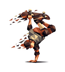 Obraz premium Low-poly vector illustration of a skateboarder performing a hand plant, faceted skater figure built from sharp triangular polygon