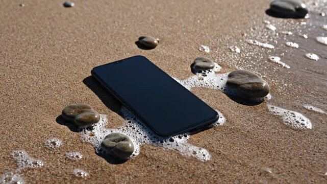 A sleek, dark-screened smartphone rests on the glistening, golden sand of a tranquil beach, partially submerged by gentle ocean waves. Smooth, dark pebbles dot the shoreline, surrounded by delicate wh