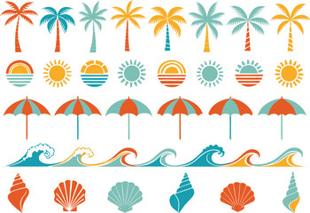 Obraz premium A collection of colorful summer beach icons featuring palm trees suns umbrellas waves and seashells Vector