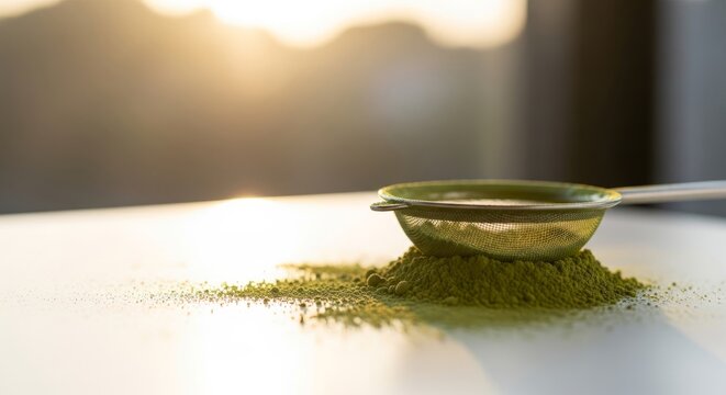 Matcha green tea powder with sifter on sunny kitchen counter