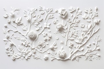 Delicate white floral and botanical relief sculpture on white background Image