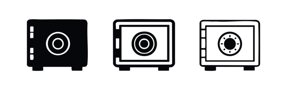 Money safe icon set with combination dial, including solid, bold, and thin outline versions. Bank security symbol.