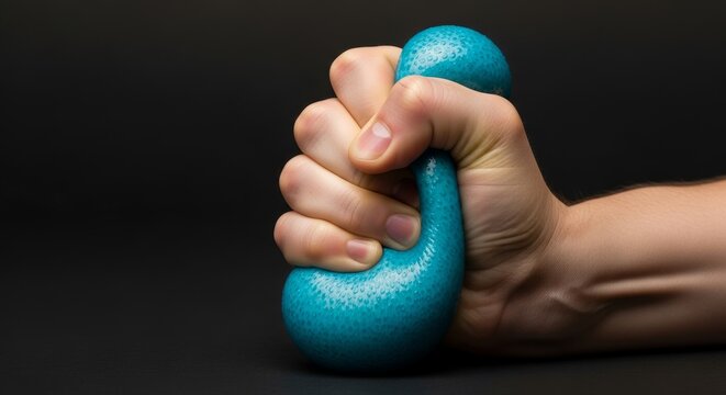 Hand gripping blue stress ball against dark background