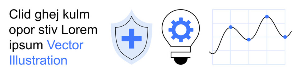 Fototapeta premium Healthcare, technology, innovation, data analysis, digital security, medical progress. Shield with cross, gear inside a light bulb line graph. Healthcare and technology concepts