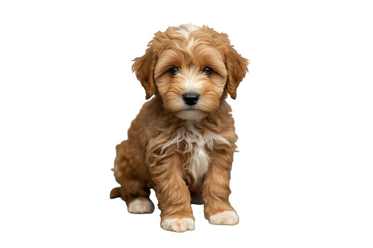 Fluffy goldendoodle puppy sitting, looking at camera with brown and white fur, on transparent background