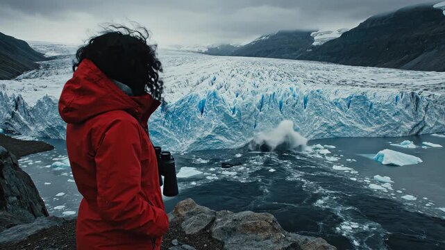 Woman in red jacket watches a glacier calving into icy water. Her hair blows in the wind as she observes the dramatic event. Climate change impact.