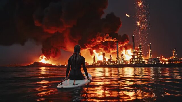A woman in a wetsuit sits on a surfboard, observing a massive industrial fire. The refinery explosion creates a huge smoke plume and fiery reflections. Environmental disaster.