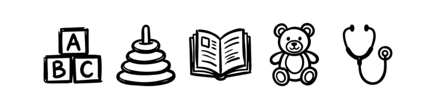 Hand-drawn style icons set representing childhood, education, and pediatric care including alphabet blocks, stacking rings, a book, a teddy bear, and a stethoscope on a white background.