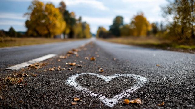 Heart painted on rural autumn road asphalt, romantic seasonal street art symbol concept, defocused countryside background, with copy space