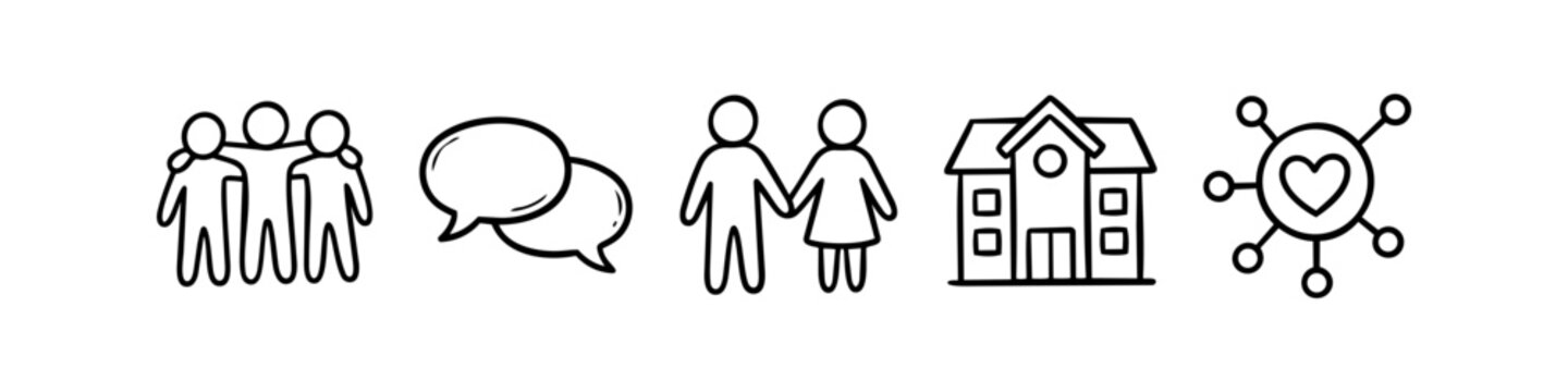 Hand-drawn social and community icons depicting friendship, communication, family, school, and networking. Minimalist black line art doodle style on a white background.