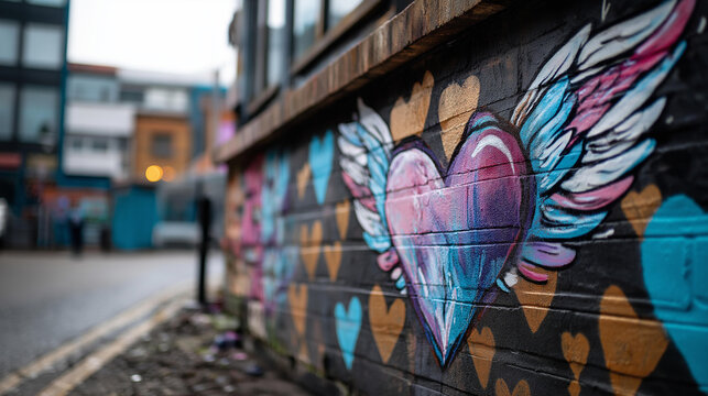 Colorful paint heart wings mural on brick wall, vibrant urban street art celebrating love and freedom concept, defocused background, with copy space