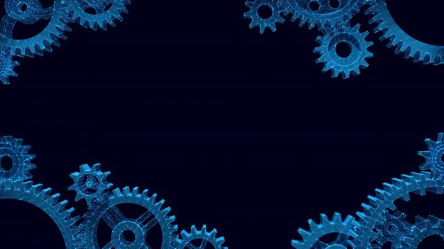 Rotating Mechanical Gears Frame Animation with Copy Space. Industrial technology loop on transparent background with moving low poly cogwheels placed around the edges of the frame.
