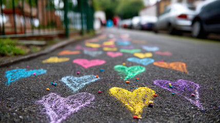 Obraz premium Bright multicolored heart shapes drawn in chalk on asphalt path as sign of support and awareness, colorful street art concept, defocused background, with copy space
