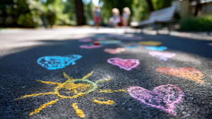 Fototapeta premium Playful doodles of sun hearts and flowers drawn in chalk on asphalt, cheerful childhood street art and creative expression concept, defocused background, with copy space