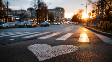Fototapeta premium Heart painted on crosswalk during autumn sunset in city, seasonal romantic urban symbol concept, defocused background, with copy space