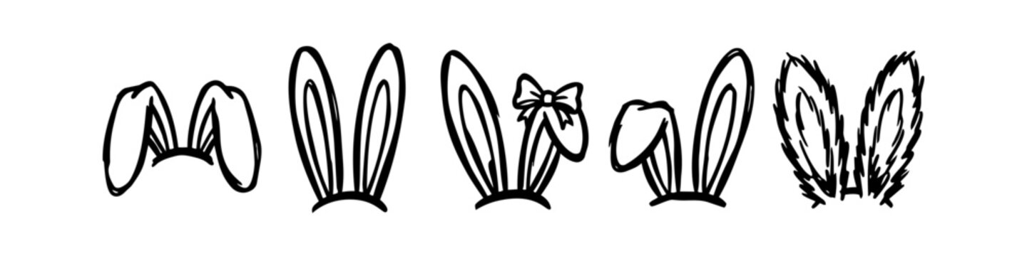 Set of hand-drawn bunny ear sketches in various styles, including floppy, upright, and furry designs. Black and white line art vector illustrations for Easter crafts and photo booth props.