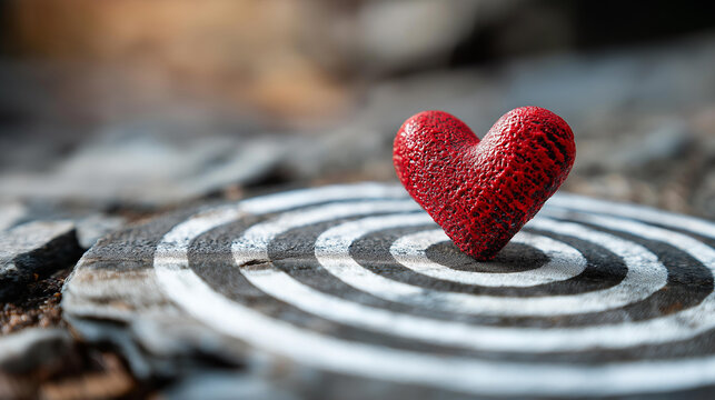 Heart symbol centered on target painted on rough textured surface, love and focus theme concept, defocused background, with copy space