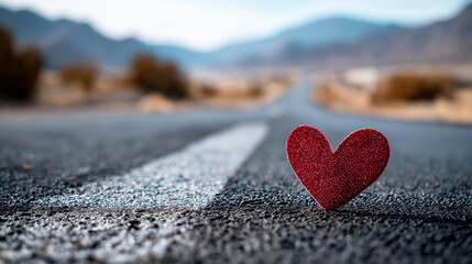 Naklejka premium Painted red heart symbol covering stripes on wet asphalt road extending into desolate landscape, love symbol on empty road concept, defocused background, with copy space