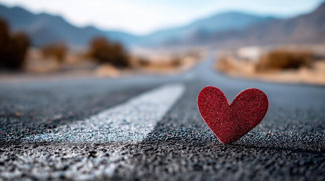 Painted red heart symbol covering stripes on wet asphalt road extending into desolate landscape, love symbol on empty road concept, defocused background, with copy space