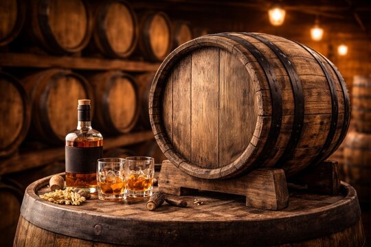 Whiskey Barrel with Bottle and Glasses in Traditional Distillery Cellar - Aged Bourbon Scotch Tasting with Oak Barrels Background