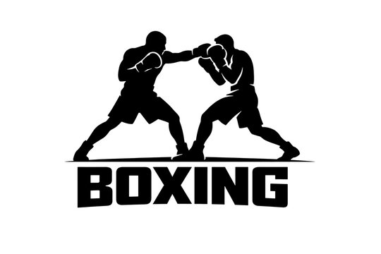 Black and white boxing word banner with text and boxers fighting. 