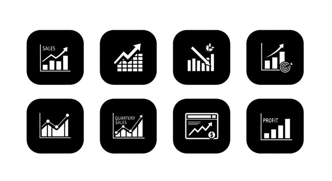 Collection of modern business growth and financial trend icons on black background