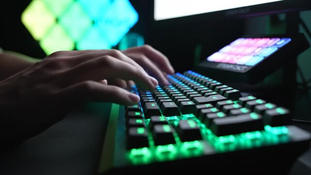 Hands type on a vibrant RGB mechanical keyboard in a dimly lit room. The colorful backlighting shifts dynamically across the keys. A focused user engages with their computer setup.