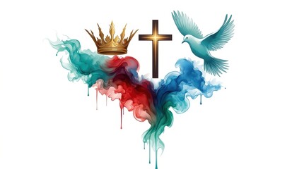 Obraz premium Holy Trinity Symbols: Cross, Crown and Dove of the Holy Spirit on White Background with Color Splashes, Vector Illustration