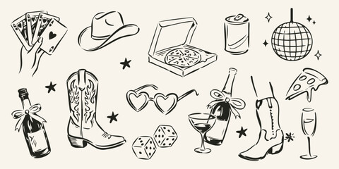 Western Bachelorette Party Doodle Set with Cowboy Boots, Cards, Drinks and Disco Ball © Bohdan